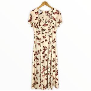 90’s Vintage Cream Floral Wrap Bodice Midi Dress